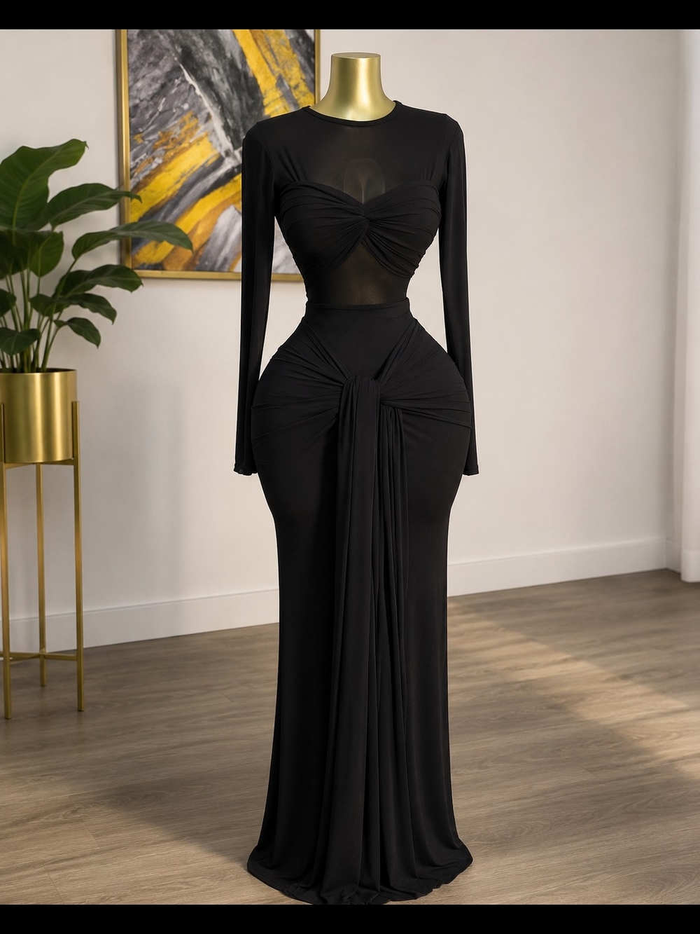 Elegant Black Long-Sleeve Ruched Evening Dress